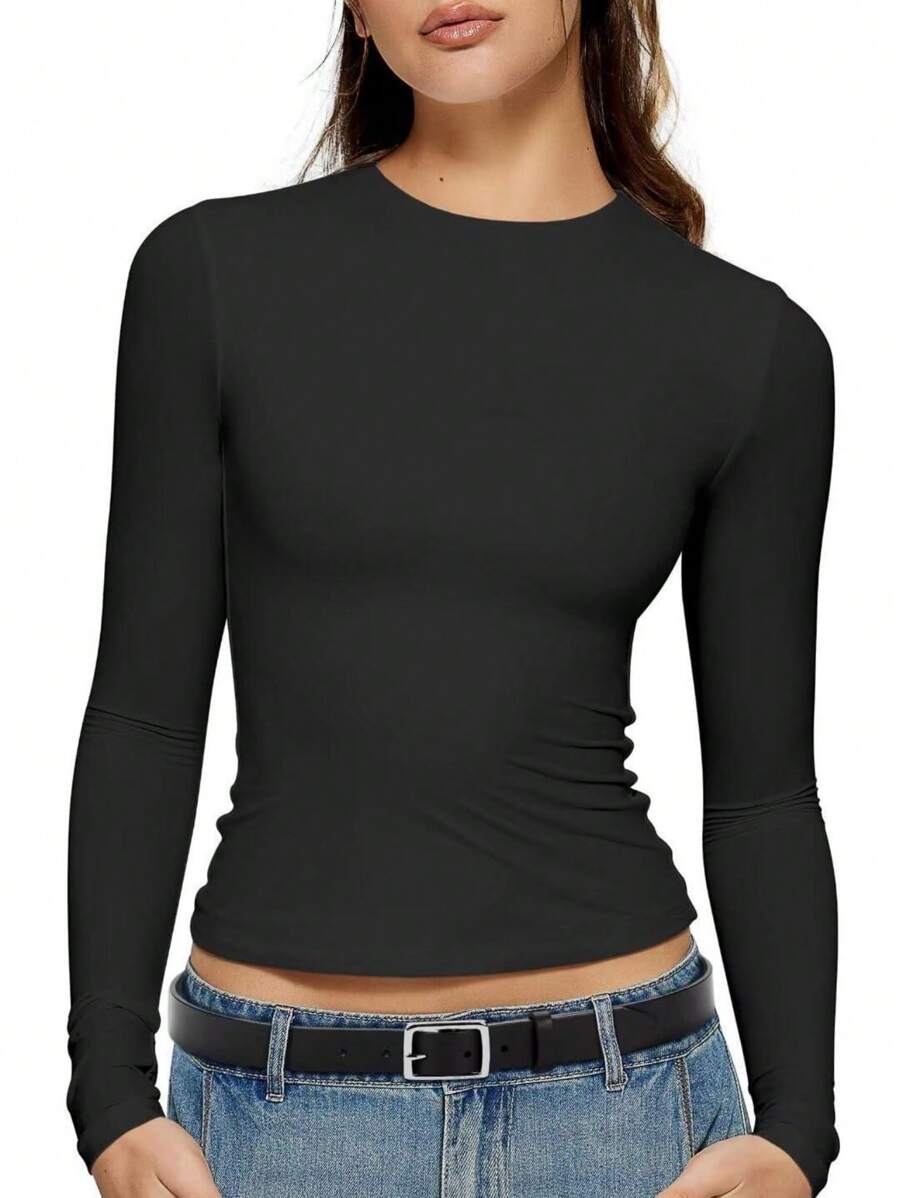 OUTBALL Womens Long Sleeve Shirts Basic Crop Tops Going Out Fall Fashion Slim Fit - 黑色 - 查看 1