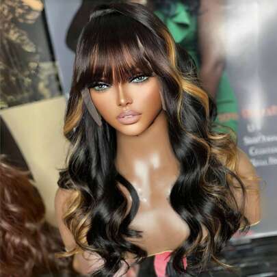 Highlight Brown Lace Front Wigs With Bangs Human Hair Preplucked 180% Density 13x4 HD Transparent Lace Front Body Wave Wigs P1b/30 Human Hair Brazilian Remy Human Hair Wig