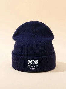 MAKEFGE 1pc Unisex Autumn/Winter Black Outdoor Casual Fashion Smiling Face Embroidery Beanie Hat, Soft Warm Simple Lightweight Knit Cap For Daily Matching