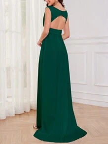 欧式时尚女装夏季短袖修身性感深V领开叉重工宴会婚礼派对礼服裹胸荷叶边纯色气质通勤婚礼宾客礼服女装春季女士正式晚宴礼服连衣裙、长袍、晚礼服 - 綠色 - 查看 4