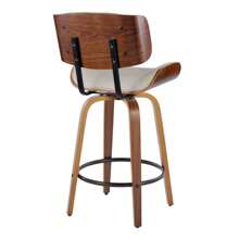 Lombardi 26" Mid-Century Modern Fixed-Height Counter Stool With Swivel In Walnut Wood And Cream Faux Leather With Round Black Metal Footrest By LumiSource - Set Of 2