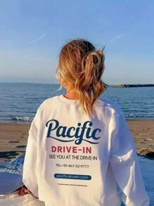 Dames Casual Letter Print Ronde Hals Oversized Schattig Los T-shirt Top met Lange Mouwen, Herfst/Winter