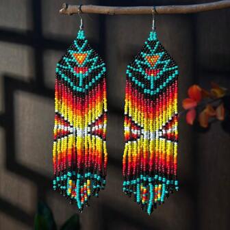 Native American Style Long Geometric Inspired Handmade Beaded Tassel Earrings, Glass Bead Seed Bead Lightweight Tassel Earrings, Perfect Gift For Women