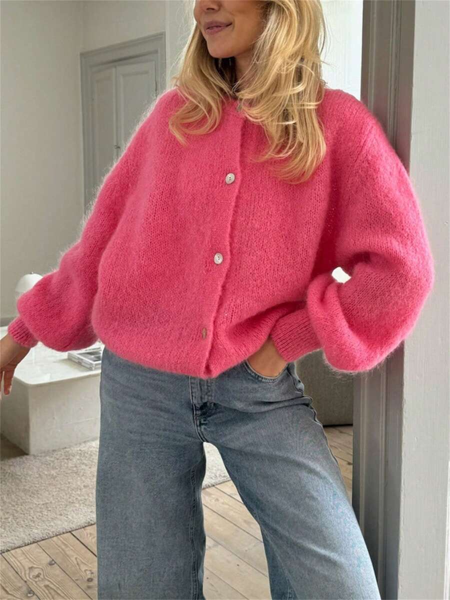Women Button Up Sweaters Casual Lightweight Solid Color Knit Cardigans Warm Fall Knitwear For Outerwears Streetwear - Hot Pink - View 1