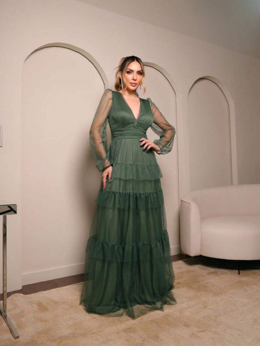 3 Marias Long Dress Ruffles Open Back Long Sleeve Tulle Parties Elegant New Year's Eve Feminine - Dark Green - View 1