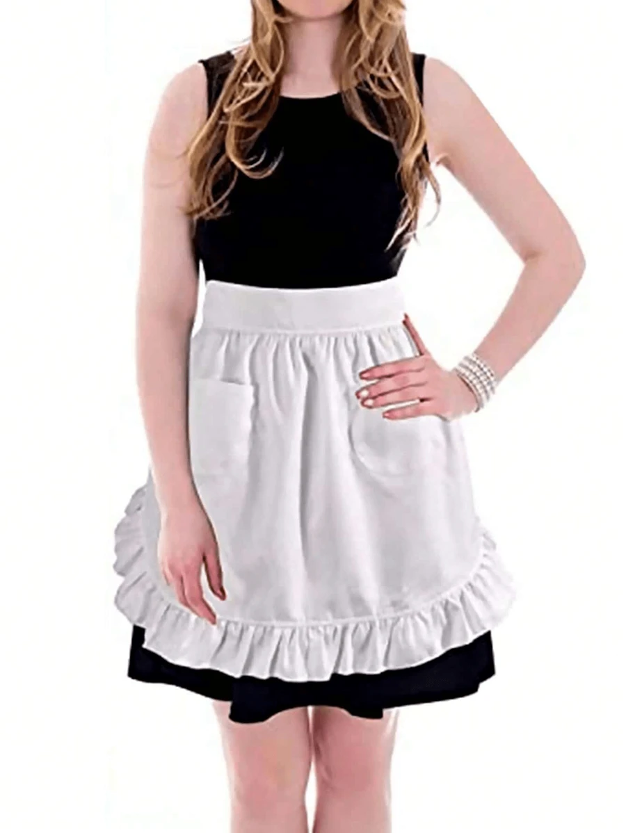 1pc Waist Apron Maid Costume With Ruffle, Kitchen/Cooking/Cleaning Outfit, Waist Apron, Christmas Ruffle Short Apron, Waitress Apron, Cute And Vintage Style, Perfect For Women, Kitchen, Bathroom, Home, Household Suppliers - Multicolor - View 1