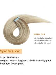 16"-24" Tape In 100% Human Hair Extensions For Women 20Pcs/Pack Straight Seamless Skin Weft Remy Human Tape In Hair Extensions Highlight Piano 18P613# - S18/613 - View 4