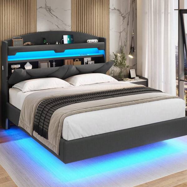 Floating Bed Frame Queen/King Size With Charging Station, Storage Headboard, LED Upholstered Platform Bed, Dark Gray