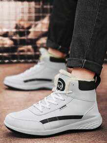 冬季男士靴子毛绒皮革防水登山狩猎鞋男女款系带户外保暖徒步靴运动鞋 - 白色 - 查看 1