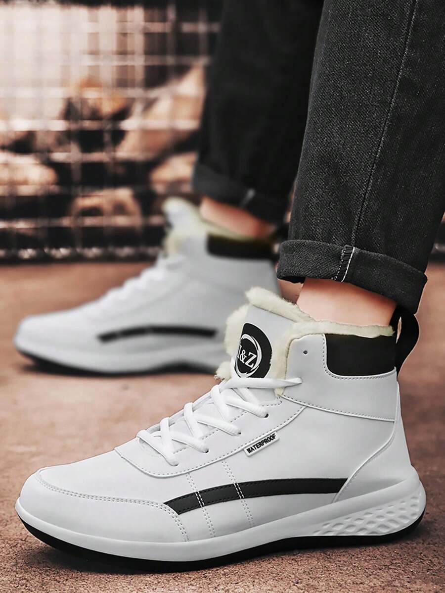 冬季男士靴子毛绒皮革防水登山狩猎鞋男女款系带户外保暖徒步靴运动鞋 - 白色 - 查看 1