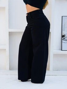 CALCA JEANS FEMININA WIDE LEG CINTURA ALTA 100% ALGODAO