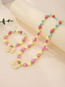 Kids Heart & Bow Beaded Necklace & Bracelet Set For Girls