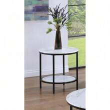 1pc Modern Round Faux Marble End Table With Storage Shelf Black Finish Living Room Wooden Furniture,Nestify