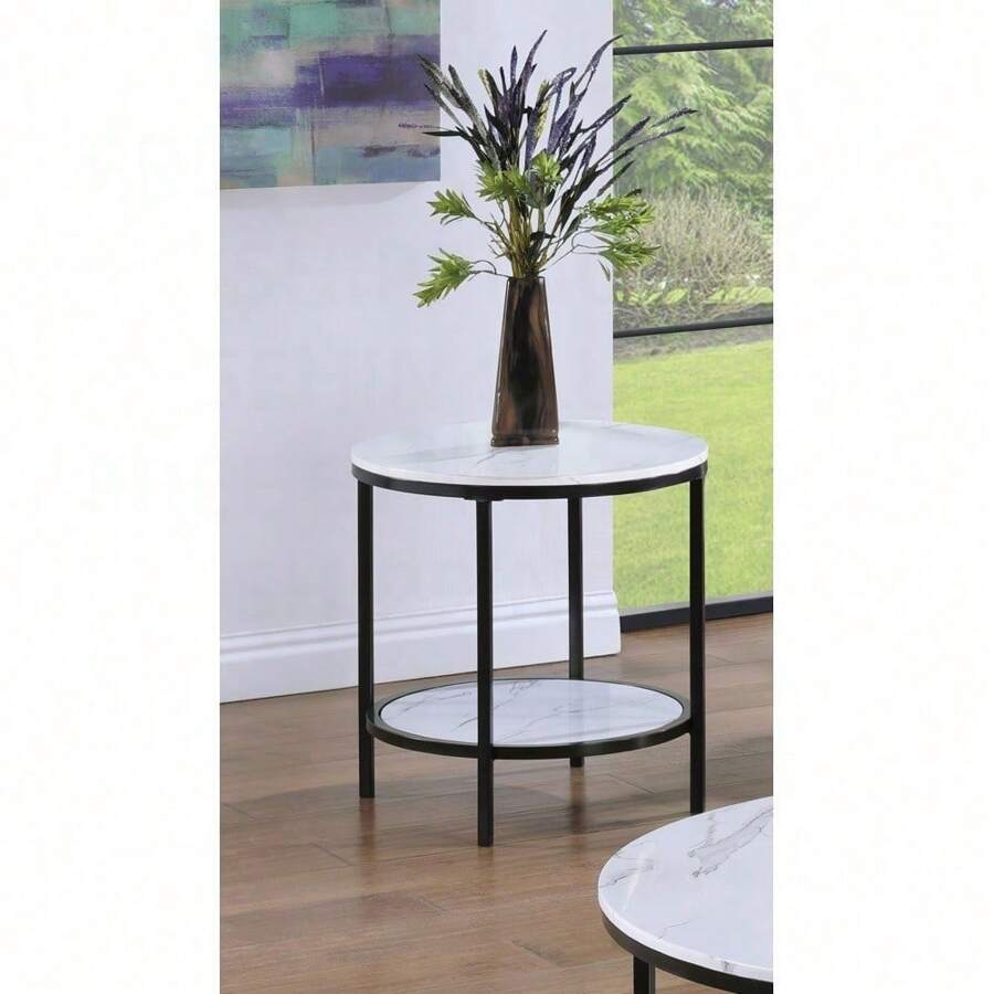 1pc Modern Round Faux Marble End Table With Storage Shelf Black Finish Living Room Wooden Furniture,Nestify