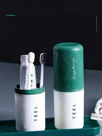 1pc Traveler's Teeth Care Set, Portable Toothbrush Cup And Mouthwash Storage Box - Creative Travel Dental Organizer For Couples, Compact Travel-Friendly Toothbrush Holder, Dual-Compartment Case For Toothpaste & Rinse, Hygienic, Lightweight, Premium Travel Kit, Ideal Gift For Frequent Flyers And Jet-Setters, Minimalist Style, Easy Access, Sturdy Lid