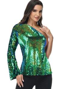 Women's Sparkly Sequin Party Tops Long Sleeve One Shoulder Top Blouse Shirts - 綠色 - 查看 3