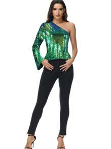 Women's Sparkly Sequin Party Tops Long Sleeve One Shoulder Top Blouse Shirts - 綠色 - 查看 5