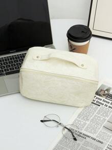 1个高档PU皮革复古压纹米色化妆包，时尚休闲便携化妆包，多功能大容量收纳包，可装钱包、口红、卫生巾、硬币、钥匙、有线耳机、数据线、充电器、耳机等，可爱洗漱包，旅行收纳包，适合女性、糖果爱好者、护士、学生、节日礼物、旅行必备、情人节礼物、房间装饰、钱包必备、女士化妆包、钱包必备物品、邮轮必备、设计师手提包、基础款、梳妆台必备、房间、可爱化妆包 - 白色 - 查看 1