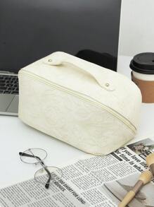 1个高档PU皮革复古压纹米色化妆包，时尚休闲便携化妆包，多功能大容量收纳包，可装钱包、口红、卫生巾、硬币、钥匙、有线耳机、数据线、充电器、耳机等，可爱洗漱包，旅行收纳包，适合女性、糖果爱好者、护士、学生、节日礼物、旅行必备、情人节礼物、房间装饰、钱包必备、女士化妆包、钱包必备物品、邮轮必备、设计师手提包、基础款、梳妆台必备、房间、可爱化妆包 - 白色 - 查看 3