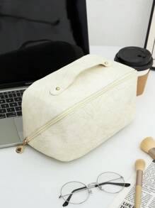 1个高档PU皮革复古压纹米色化妆包，时尚休闲便携化妆包，多功能大容量收纳包，可装钱包、口红、卫生巾、硬币、钥匙、有线耳机、数据线、充电器、耳机等，可爱洗漱包，旅行收纳包，适合女性、糖果爱好者、护士、学生、节日礼物、旅行必备、情人节礼物、房间装饰、钱包必备、女士化妆包、钱包必备物品、邮轮必备、设计师手提包、基础款、梳妆台必备、房间、可爱化妆包 - 白色 - 查看 4