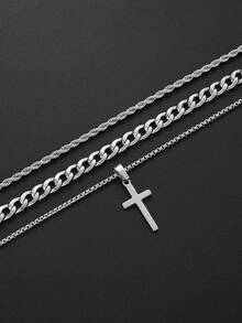 3-9pcs Cross Chain Necklace & Bracelet Set, Stainless Steel Punk Hiphop Style Jewelry Set Suitable For Men, Versatile For Daily Wear, Birthday, Party, Christmas, Valentine's Day, Father's Day, Boyfriend Gift - Multicolor - View 1