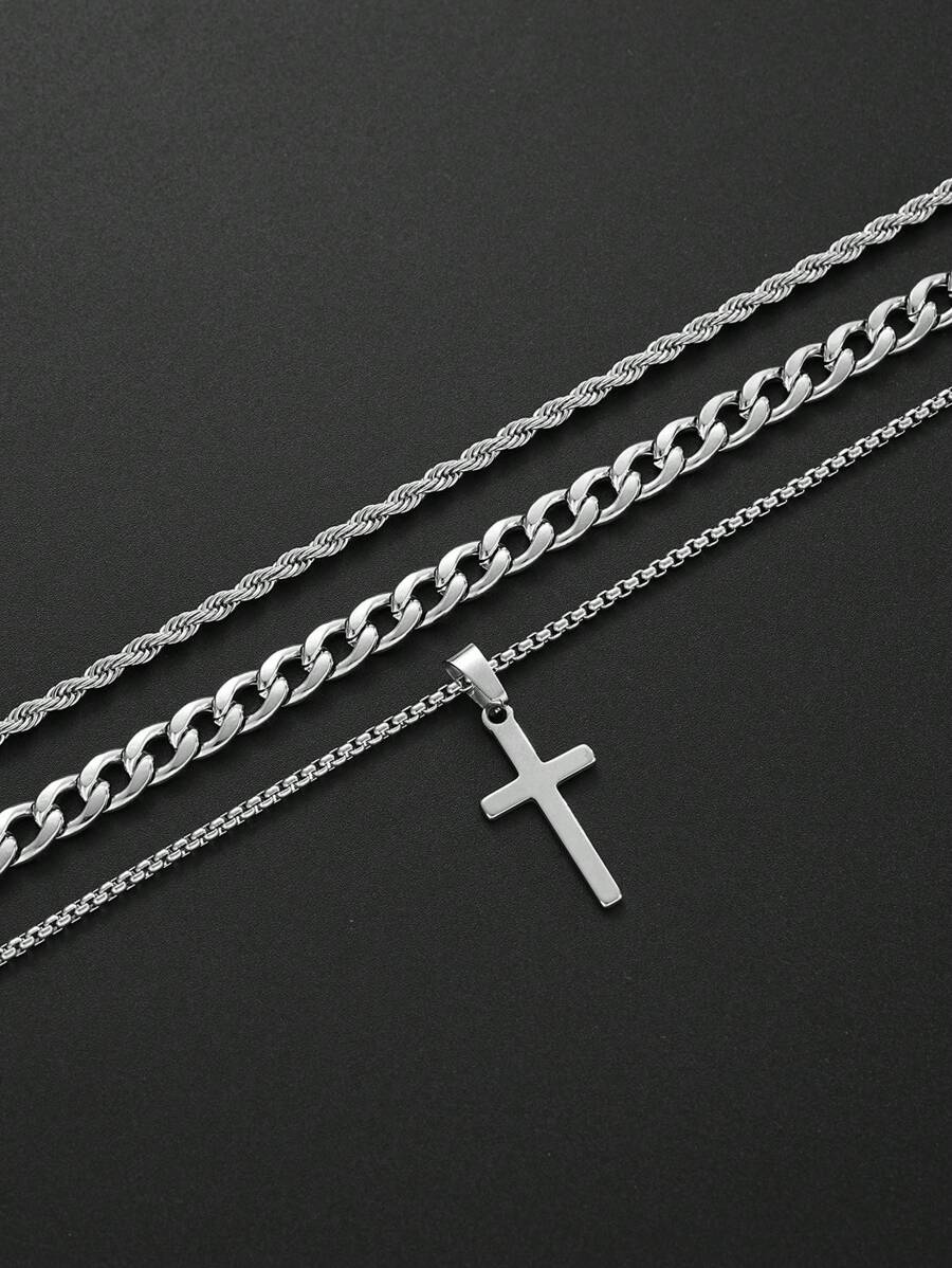 3-9pcs Cross Chain Necklace & Bracelet Set, Stainless Steel Punk Hiphop Style Jewelry Set Suitable For Men, Versatile For Daily Wear, Birthday, Party, Christmas, Valentine's Day, Father's Day, Boyfriend Gift - Multicolor - View 1
