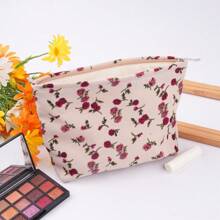 带拉链的玫瑰花朵灯芯绒化妆包、花朵化妆包、布艺灯芯绒包、旅行收纳包、伴娘礼物、波西米亚风 - 酒紅色 - 查看 3