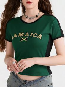 Women T-Shirt, Crew Neck Short Sleeve Letters Print Contrast Color Summer Tops Streetwear