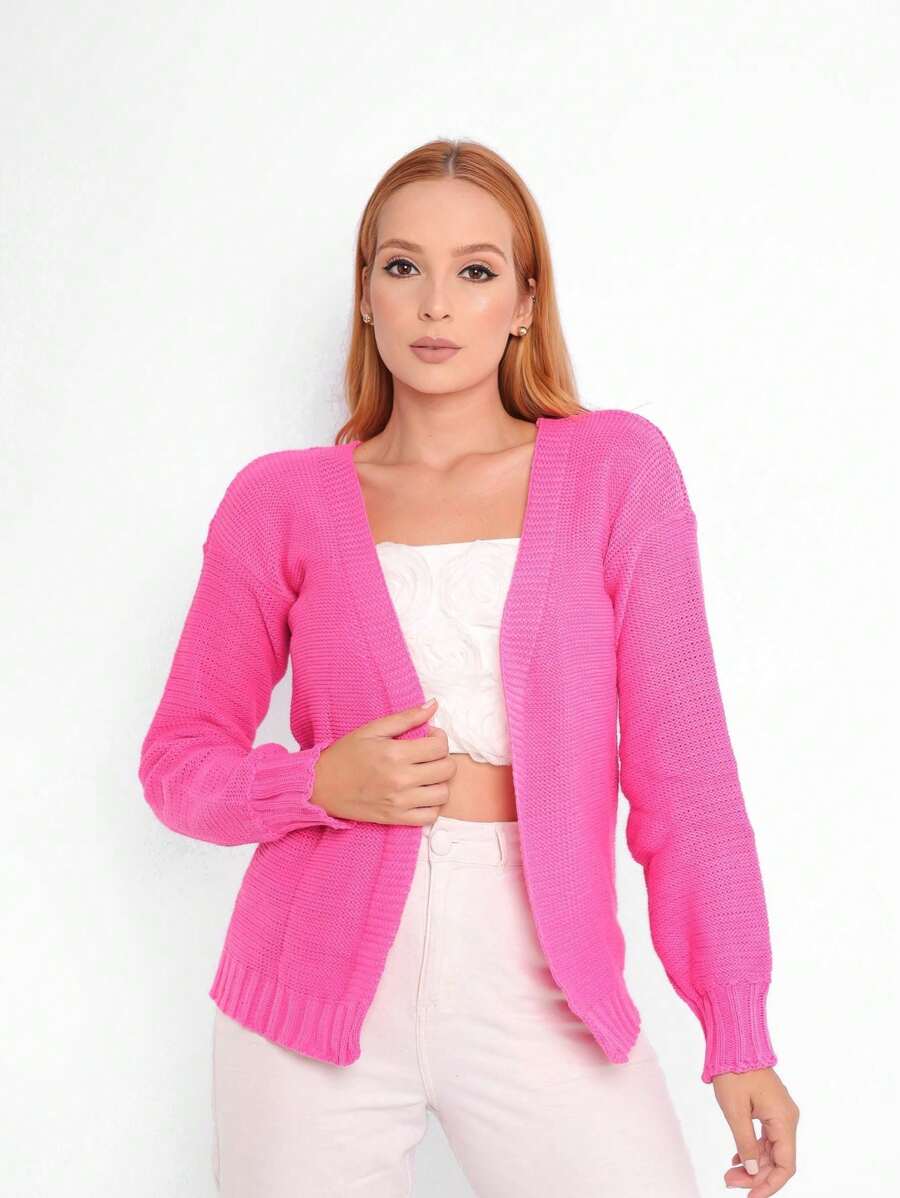 Women's Long Sleeve Chic Knitted Autumn Winter Coat - 玫紅色 - 查看 1