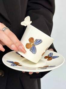 1pc Creative Small Ceramic Butterfly Pattern Espresso Cup And Saucer Set, 125ml Capacity, With 3D Butterfly Decoration On Rim, Suitable For Living Room And Home Back To School - Multicolor - View 6