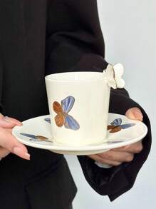 1pc Creative Small Ceramic Butterfly Pattern Espresso Cup And Saucer Set, 125ml Capacity, With 3D Butterfly Decoration On Rim, Suitable For Living Room And Home Back To School - Multicolor - View 1