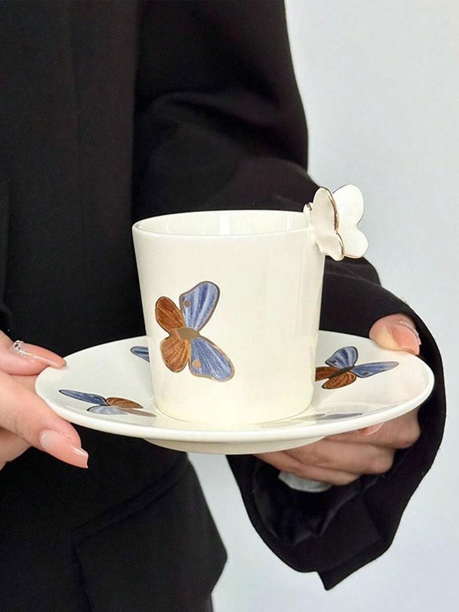 1pc Creative Small Ceramic Butterfly Pattern Espresso Cup And Saucer Set, 125ml Capacity, With 3D Butterfly Decoration On Rim, Suitable For Living Room And Home Back To School - Multicolor - View 1
