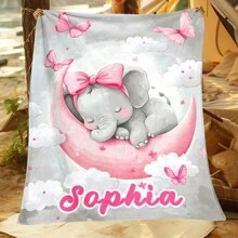 1 pièce Couverture portable personnalisée avec le nom/texte d'un bébé éléphant endormi - Jeté en flanelle léger pour sofa, lit, voyage, camping, salon, bureau, canapé, chaise et lit. Couverture en polaire avec impression numérique, flanelle douce et chaude