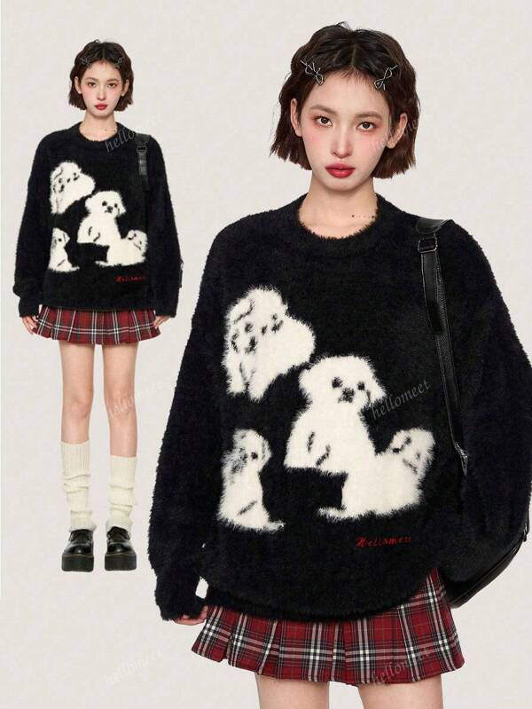 Suéter tejido de cuello redondo de manga larga con estilo universitario y poodle esponjoso para mujer, top casual grueso para otoño/invierno