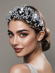 女士水晶包裹手工串珠仿珍珠头带，可爱高冠减压设计 A98 - 黑色 - 查看 8