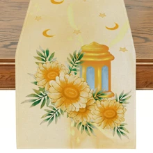 1 Stück goldfarbener Mond & Stern Blumen gemusterter Tischläufer, moderne leinenähnliche rutschfeste und hitzebeständige Tischsets, leicht zu reinigen, geeignet für Ramadan, Familientreffen, Feiertage, Outdoor-Dining, Küchendekoration - Verschiedenfarbig - Übersicht 7