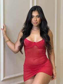 Braided Tulle  Nightdress At The Back Underwire Bra Nightdress With Thong Panties - 紅色 - 查看 1