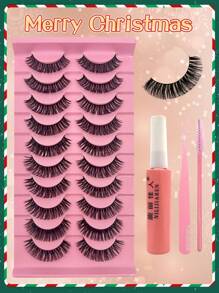 10 对/包圣诞 D-Curl 仿貂皮睫毛延长套装，带睫毛涂抹器、胶水、仿貂皮睫毛套装，DIY 自然外观，轻巧可重复使用，是送给女性的最佳圣诞礼物 - 黑色 - 查看 15
