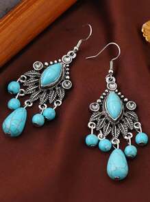 1 Cặp Hoa tai hình học tua rua lá ngọc lam phong cách Bohemian cổ điển dành cho nữ - bông tai màu ngọc lam - Xem 7