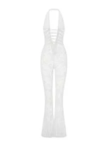 Women Lace Jumpsuits Halter Neck Cross Backless Sleeveless Long Rompers Summer Slim Playsuits Clubwear - White - View 4