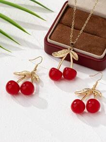 Boucles d'oreilles rétro à la mode, jolies et grandes cerises rouges, et grand collier de cerises pour tenues de bureau, vacances, dîner et fête. Idéal comme cadeau.