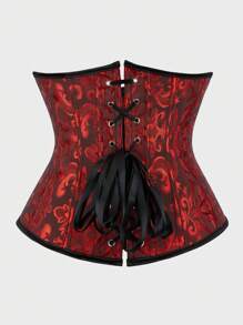 Underbust Corsets For Women,Corset Belt, Women's Floral Jacquard Lace Up Under Boob Corset Slimmer Body Shaper - 黑紅 - 查看 3