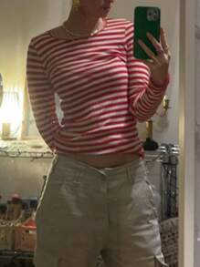 Women Y2K Striped Knit T Shirt Contrast ColorRound Neck Long Sleeve Slim Fit Ribbed Knitted Tee Shirts Pullover Tops Fall Spring Basic Layering Shirts Going Out Tops Casual Streetwear - Đỏ - Xem 3