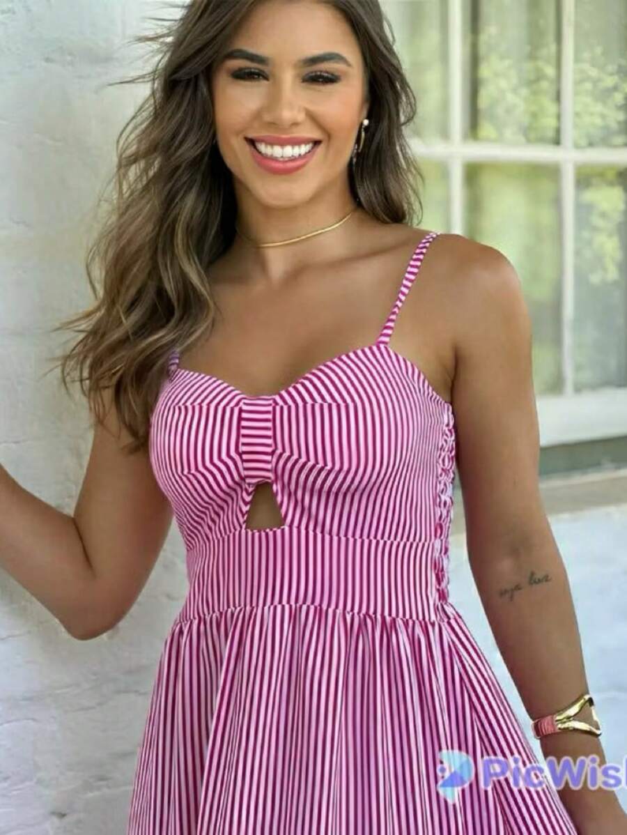 Long Dress With Straps And Striped Cups In Crepe Fabric H-2 - 紫色 - 查看 1