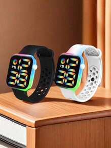 2 Stücke Set/1 Stück Batterie betriebene LED Sport Digitaluhr + 1 Stück coole Regenbogen Leuchtende Uhr, geeignet für Studenten als Alltagsuhr