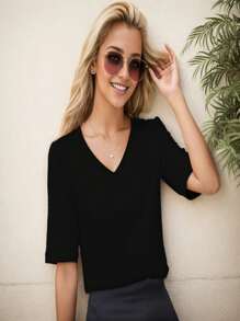 OUTBALL Women's V Neck T Shirts Basic Summer Tees Casual Half Sleeve Tops - 黑色 - 查看 3
