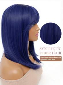 Casual Cute Blue Medium Length Straight Wig Klein Blue Bob Wig With Bangs Women's Synthetic Heat Resistant Shoulder Length Wig Halloween Costume Wig Christmas Daily Party Use 16 Inch - Blue - View 6