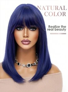 Casual Cute Blue Medium Length Straight Wig Klein Blue Bob Wig With Bangs Women's Synthetic Heat Resistant Shoulder Length Wig Halloween Costume Wig Christmas Daily Party Use 16 Inch - Blue - View 5