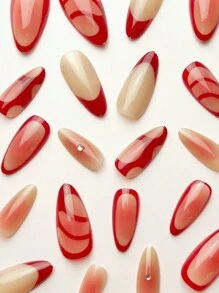 24Pcs/Set Gradient Red Romantic Line 3D Rhinestone Full Cover Nail Art Fake Nails, With 1Pc Jelly Gel And 1Pc Nail File, Suitable For Ladies And Girls As Party/Date Nail Art Accessories Press On Nails Nail Supplies Nails