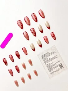 24Pcs/Set Gradient Red Romantic Line 3D Rhinestone Full Cover Nail Art Fake Nails, With 1Pc Jelly Gel And 1Pc Nail File, Suitable For Ladies And Girls As Party/Date Nail Art Accessories Press On Nails Nail Supplies Nails